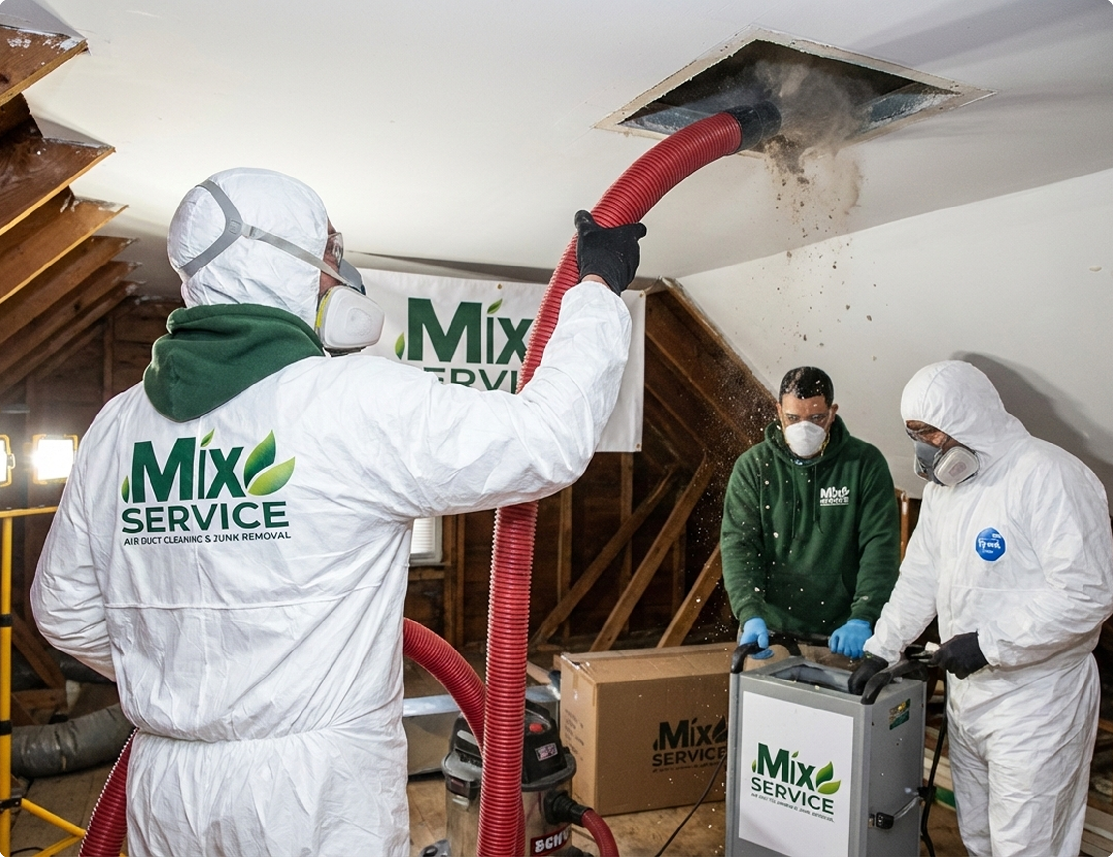 Técnicos limpiando los ductos de aire en una vivienda